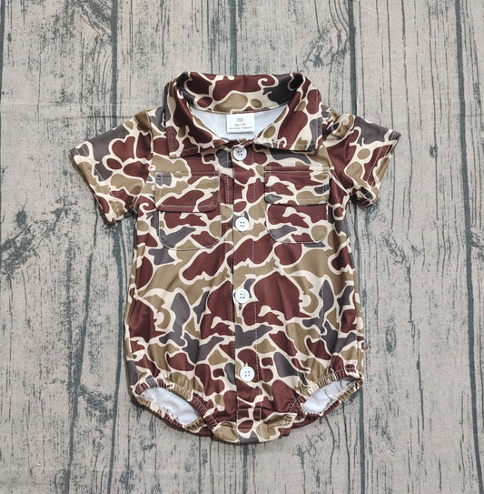 NO MOQ preorder SR3659 Brown Camouflage Buttons Short Sleeve Boys Bubble Romper 202512