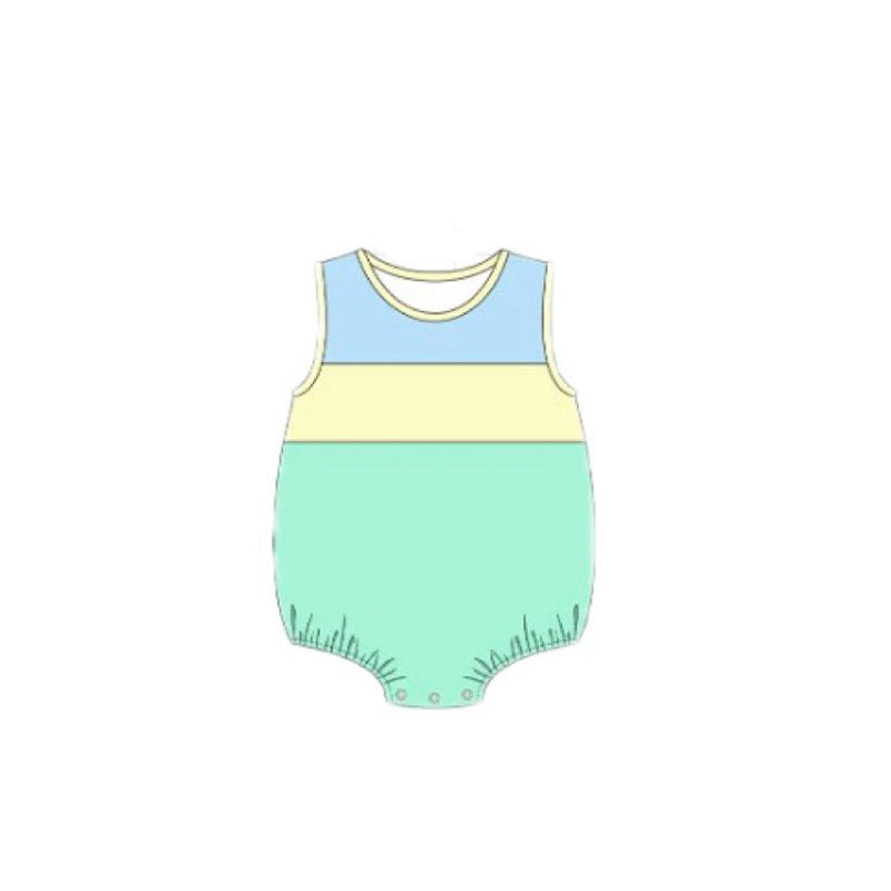 MOQ 5 PCS preorder SR3660 Solid Blue Yellow Green Blocked Sleeveless Boys Bubble Romper 202511