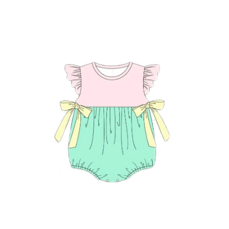 MOQ 5 PCS preorder SR3662 Solid Pink Yellow Green Blocked Bows Ruffle Flying Sleeve Girls Bubble Romper 202511