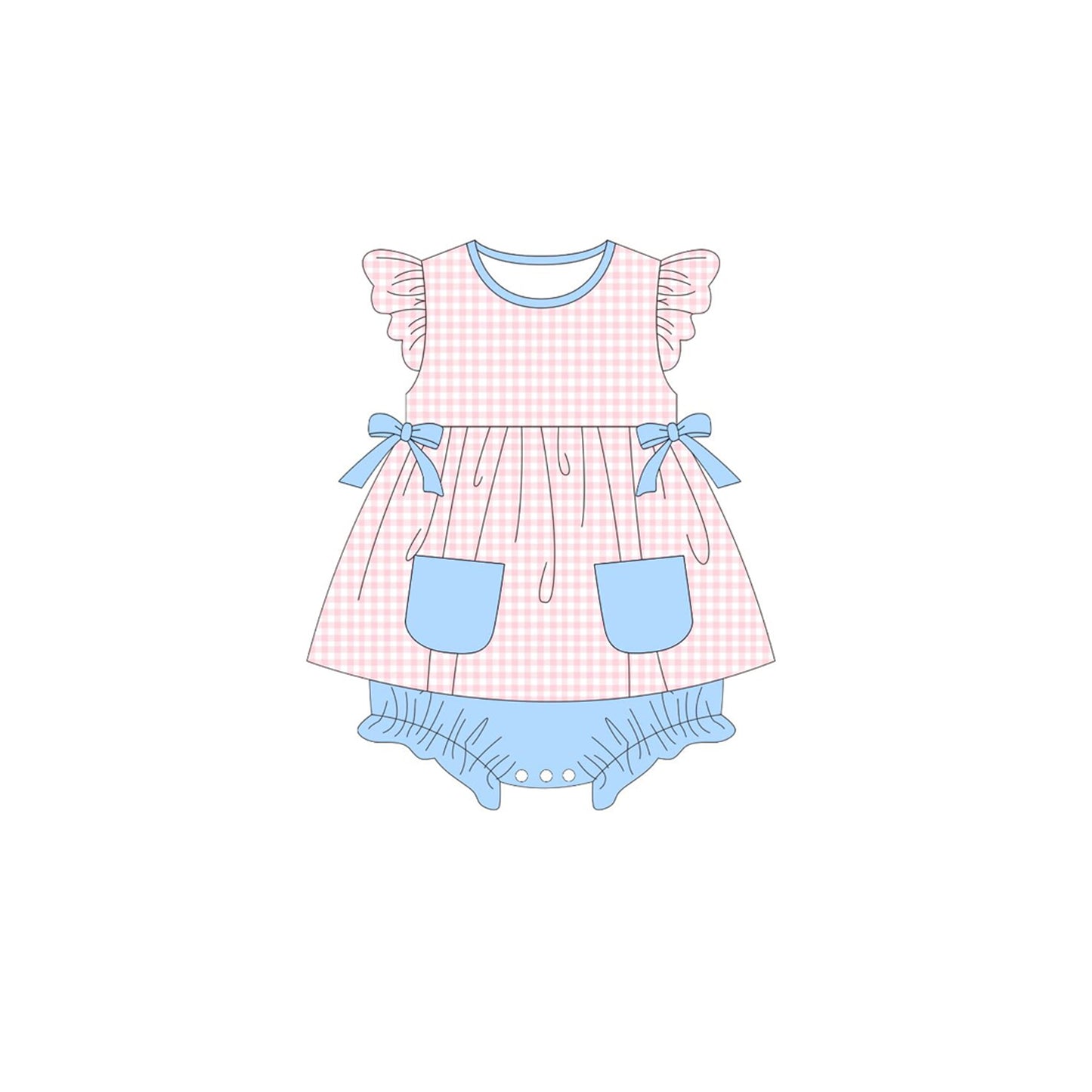 MOQ 5 PCS preorder SR3670 Blue Bows Pocket Pink Plaid Flying Sleeve Girls Bubble Romper 202511