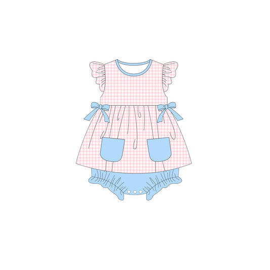 MOQ 5 PCS preorder SR3670 Blue Bows Pocket Pink Plaid Flying Sleeve Girls Bubble Romper 202511