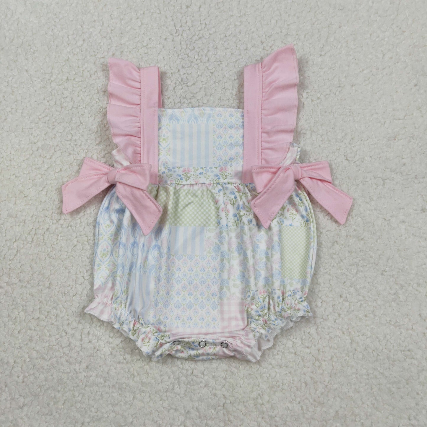 SR3675 Floral Plaid Pink Ruffle Flying Sleeve Girls Bubble Romper 202601 RTS
