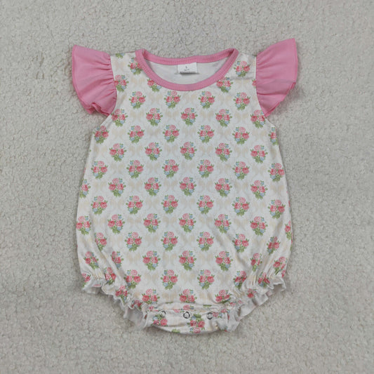 SR3677 Flower Pink Flying Sleeve Girls Bubble Romper 202603 RTS