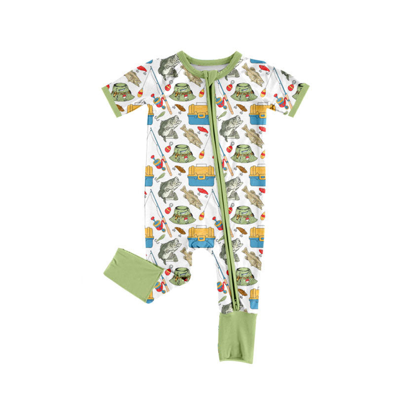 MOQ 5 PCS preorder SR3679 Fishing Pattern Green Zip Short Sleeve Boys Romper 202511