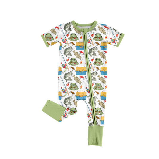 MOQ 5 PCS preorder SR3679 Fishing Pattern Green Zip Short Sleeve Boys Romper 202511