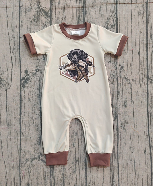 NO MOQ preorder SR3680 Puppy Duck Hunting Brown O-Neck Beige Short Sleeve Boys Romper 202512