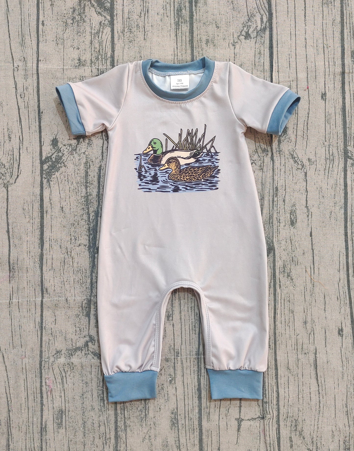 NO MOQ preorder SR3682 Duck Hunting Blue O-Neck Gray Short Sleeve Boys Romper 202512