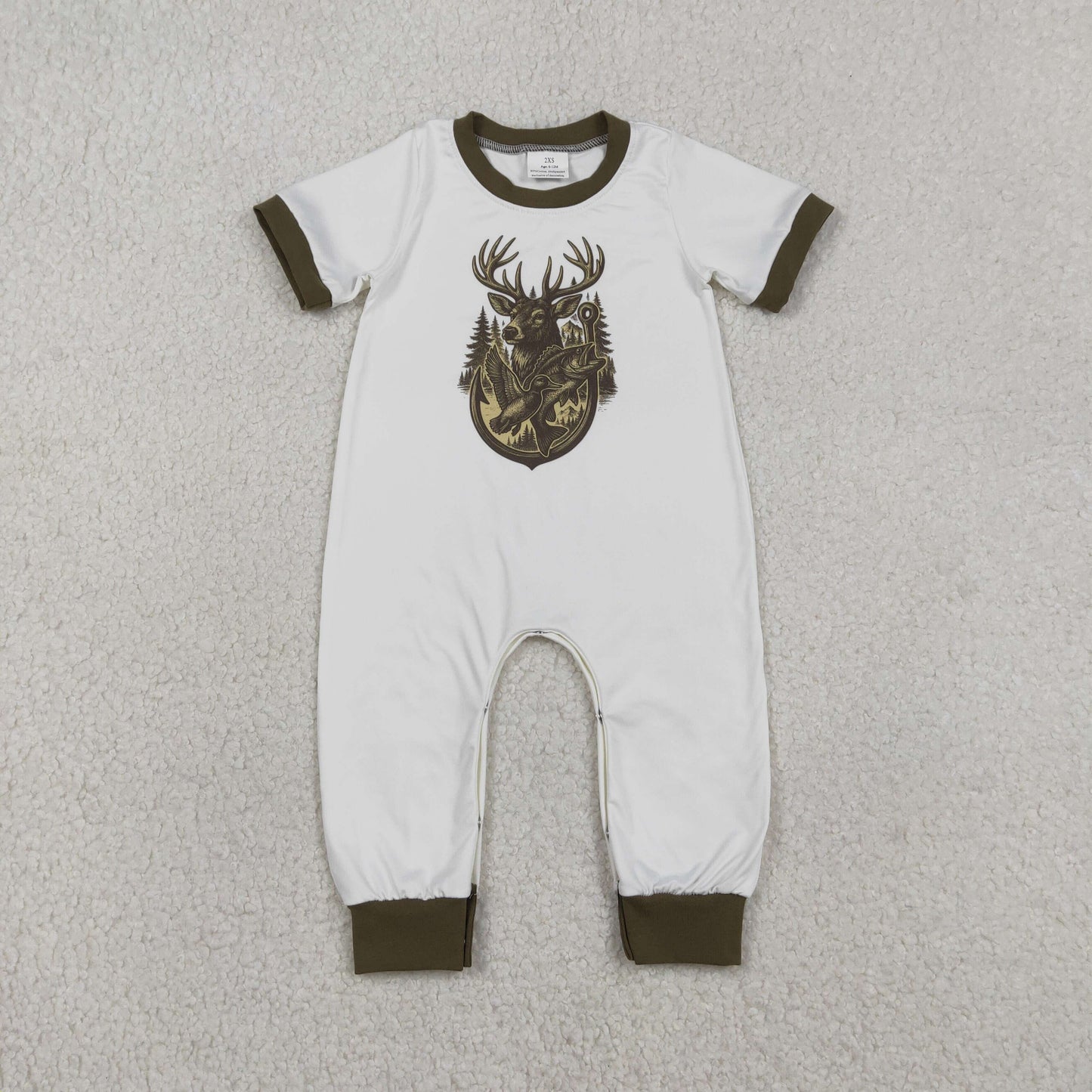 SR3683 Deer Hunting Brown O-Neck White Short Sleeve Boys Romper 202512 RTS