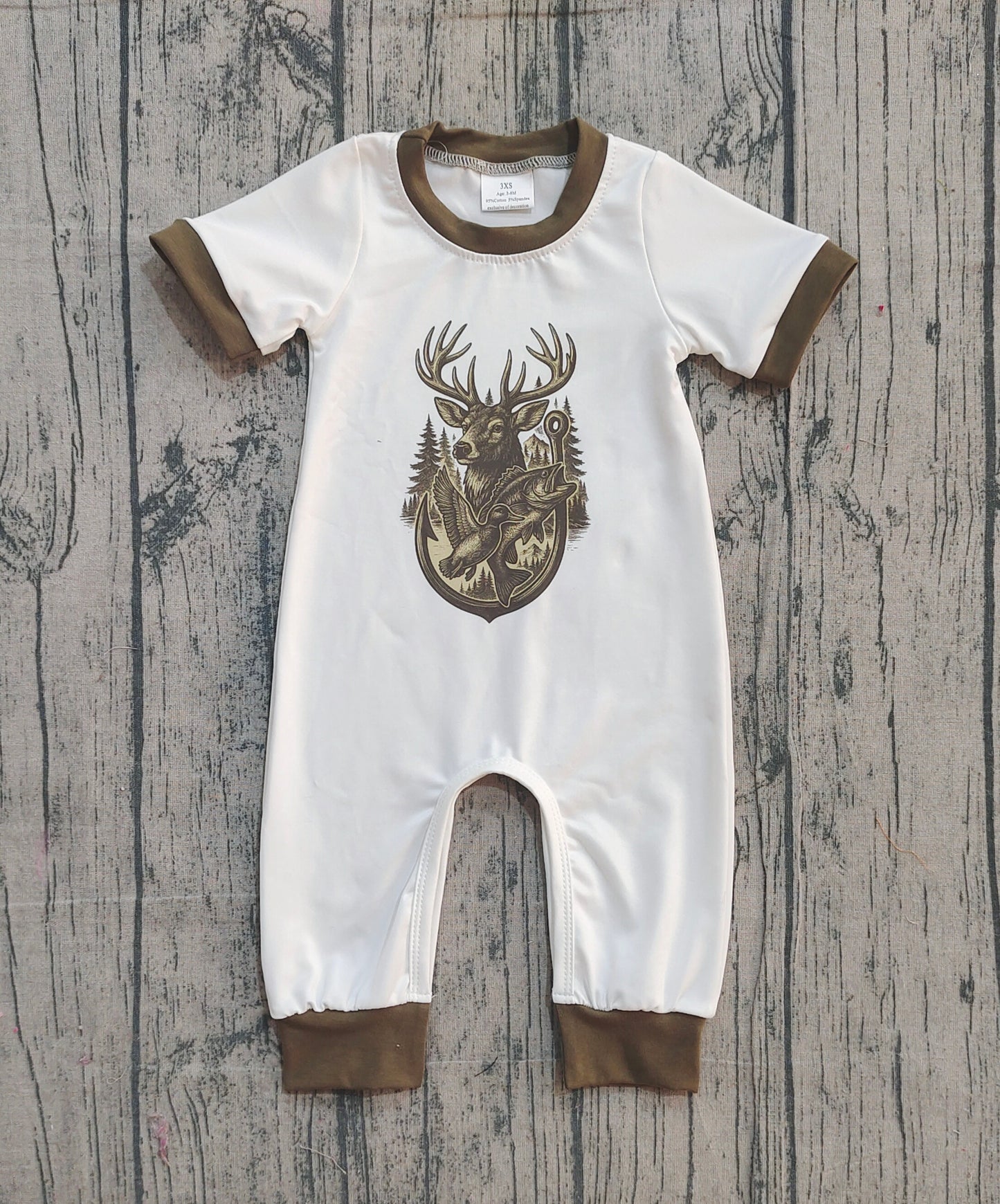 NO MOQ preorder SR3683 Deer Hunting Brown O-Neck White Short Sleeve Boys Romper 202512