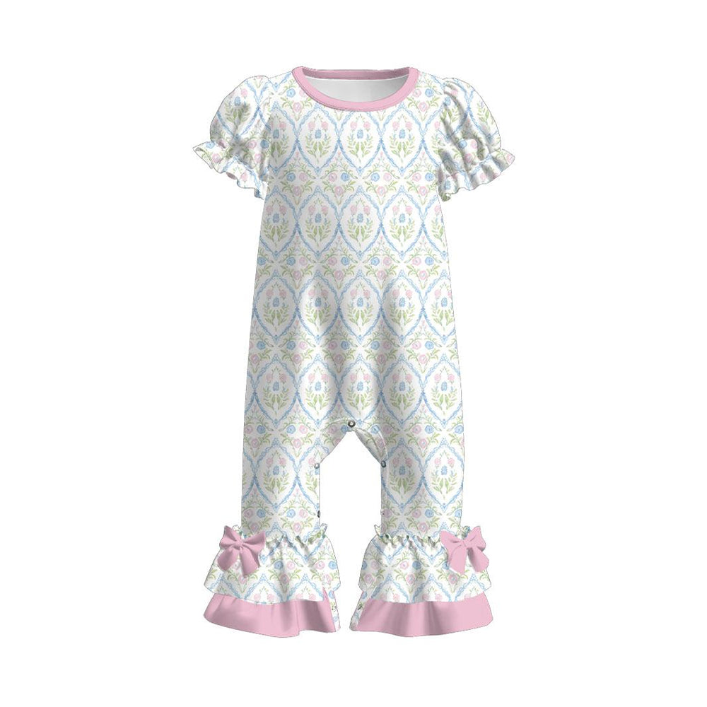 MOQ 5 PCS preorder SR3685 Flower Plaid Pink Bows Short Sleeve Sweet Girls Romper 202511