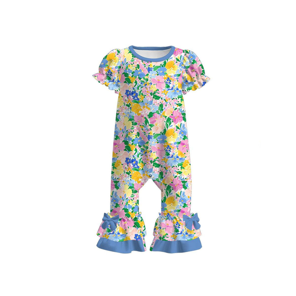 MOQ 5 PCS preorder SR3687 Flower Leaf Blue Bows Short Sleeve Sweet Girls Romper 202511