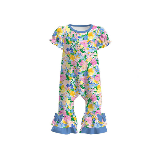 MOQ 5 PCS preorder SR3687 Flower Leaf Blue Bows Short Sleeve Sweet Girls Romper 202511