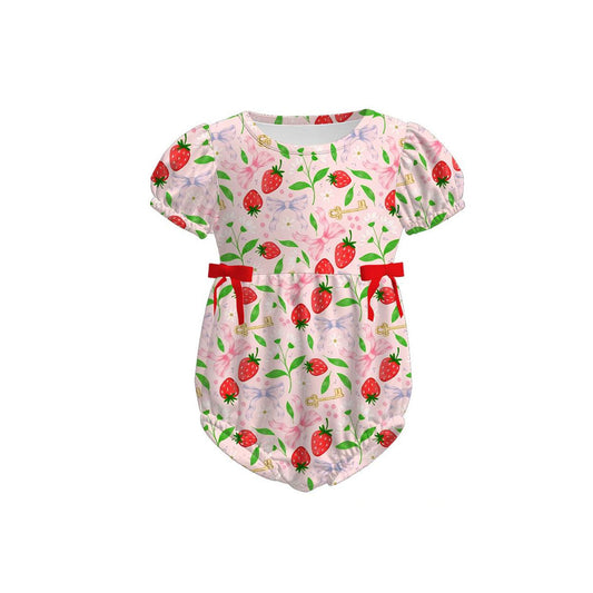 MOQ 5 PCS preorder SR3688 Bows Strawberry Leaf Pink Short Sleeve Girls Bubble Romper 202511