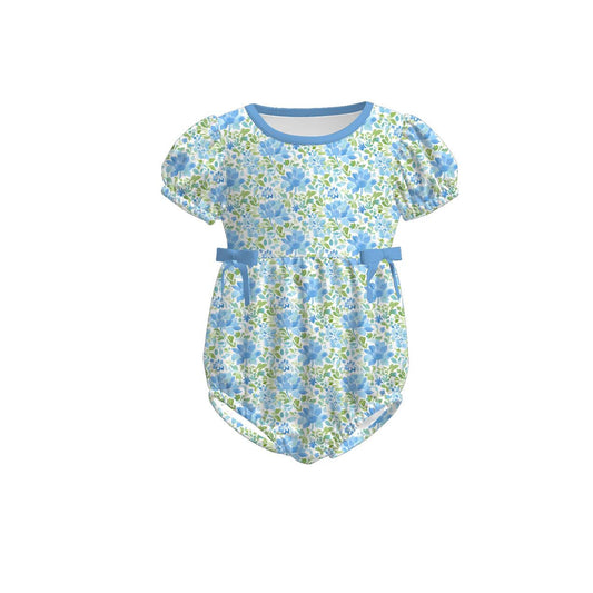 MOQ 5 PCS preorder SR3689 Blue Green Flower Leaf Short Sleeve Girls Bubble Romper 202511
