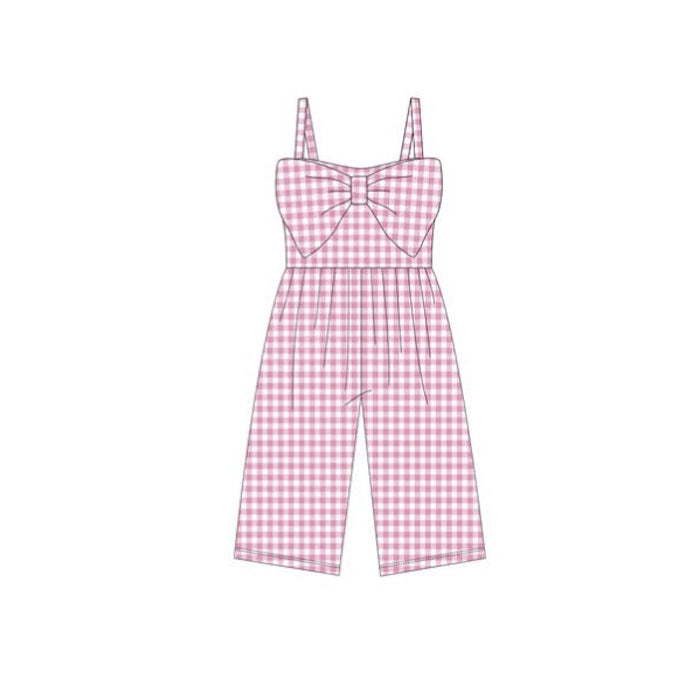 MOQ 5 PCS Preorder SR3694 Solid Pink Plaid Big Bow Sleeveless Girls Overalls Jumpsuits 202511
