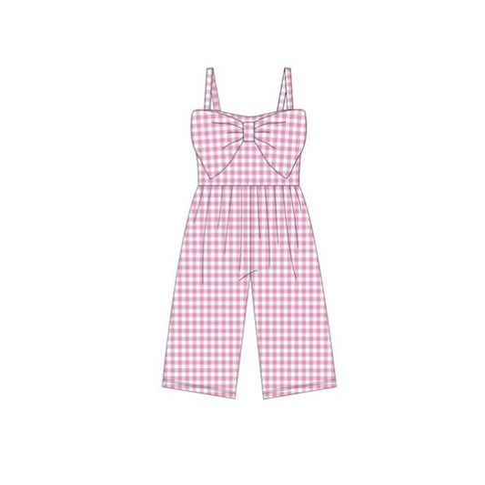 MOQ 5 PCS Preorder SR3694 Solid Pink Plaid Big Bow Sleeveless Girls Overalls Jumpsuits 202511