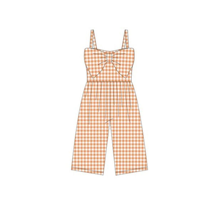 MOQ 5 PCS Preorder SR3695 Solid Orange Plaid Big Bow Sleeveless Girls Overalls Jumpsuits 202511