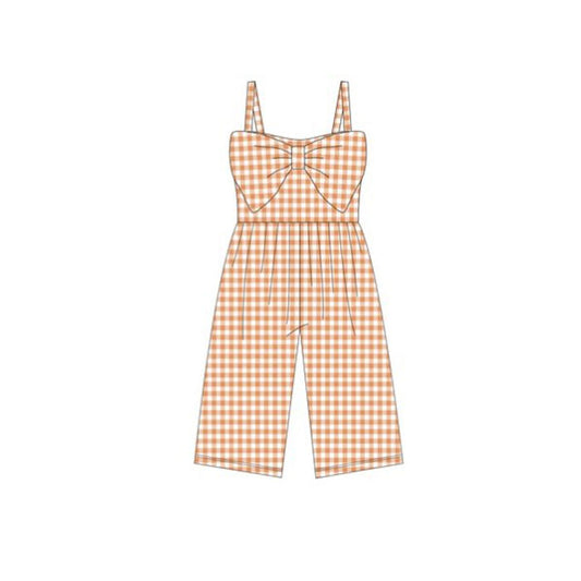 MOQ 5 PCS Preorder SR3695 Solid Orange Plaid Big Bow Sleeveless Girls Overalls Jumpsuits 202511