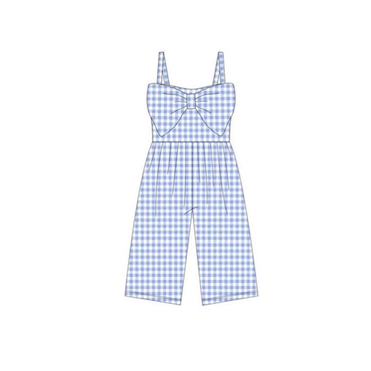 MOQ 5 PCS Preorder SR3697 Solid Blue Plaid Big Bow Sleeveless Girls Overalls Jumpsuits 202511