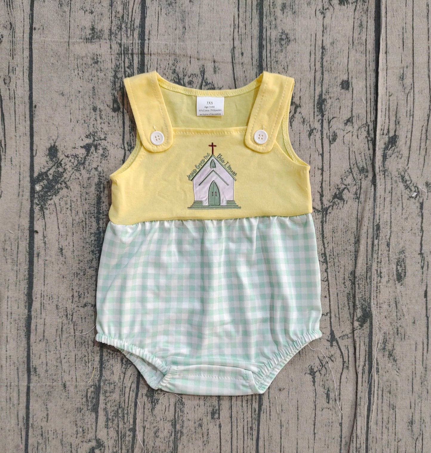 NO MOQ preorder SR3703 Embroidered Easter Cross Pea Green Plaid Yellow Sleeveless Boys Bubble Romper 202512