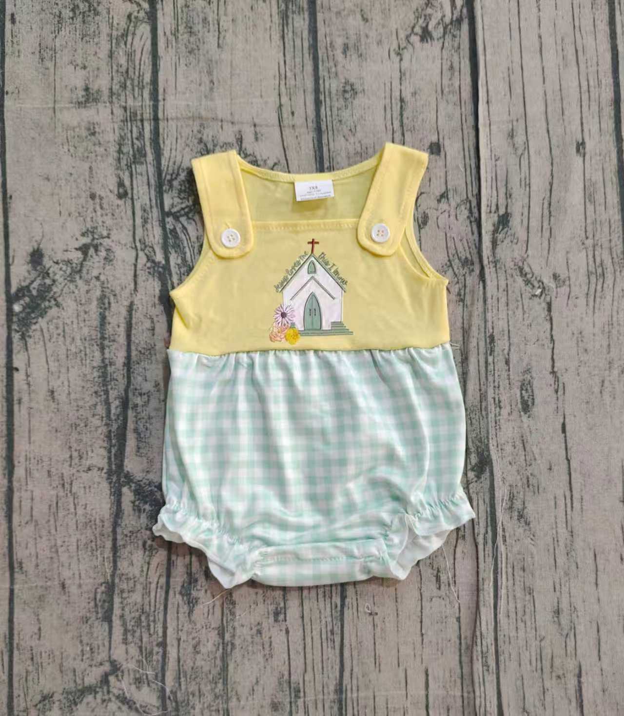 NO MOQ preorder SR3704 Embroidered Easter Cross Pea Green Plaid Yellow Sleeveless Girls Bubble Romper 202512
