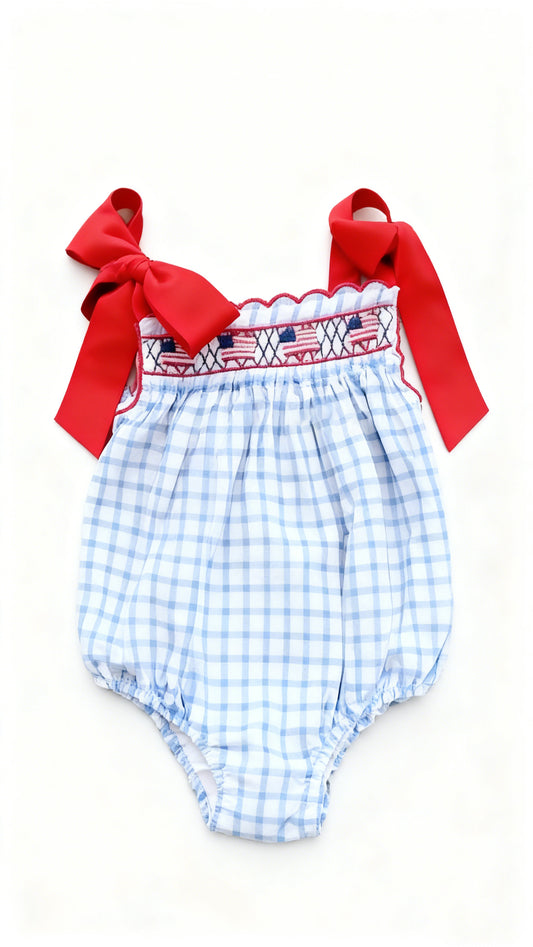 MOQ 5 PCS preorder SR3705 4th of July Sleeve Flag Blue Plaid Girls Bubble Romper 202511