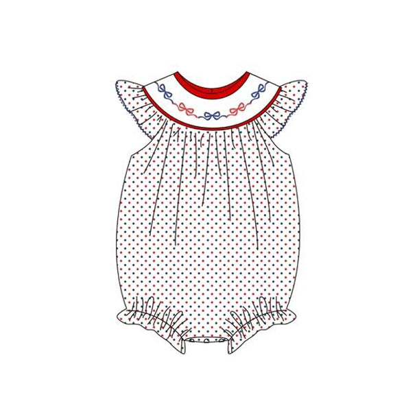 MOQ 5 PCS preorder SR3706 4th of July Red Blue Bows Dots Flying Sleeve Girls Bubble Romper 202511