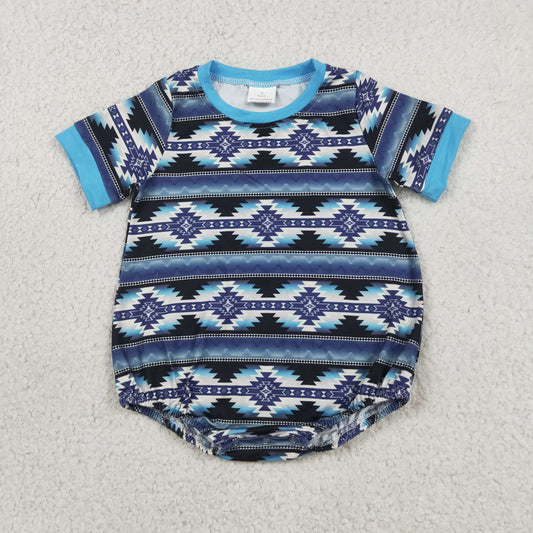 SR3709 Geometric Pattern Blue Black Short Sleeve Boys Bubble Romper 202606 RTS