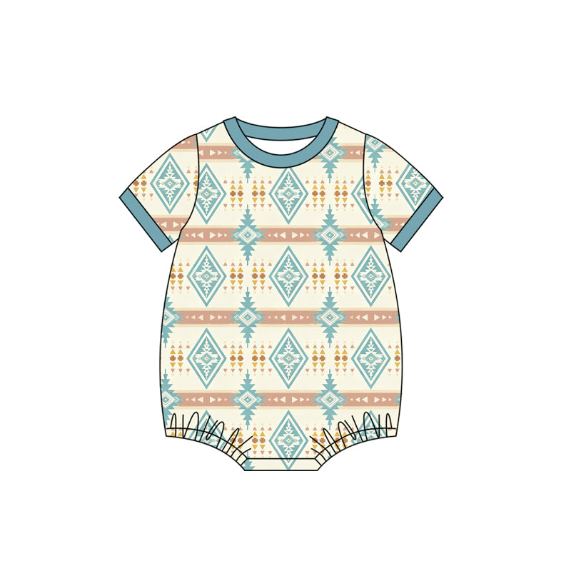 MOQ 5 PCS preorder SR3712 Geometric Pattern Beige Blue Short Sleeve Boys Bubble Romper 202511