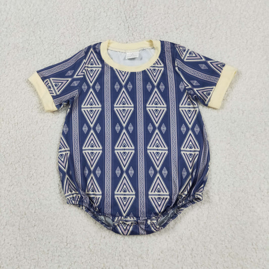 SR3713 Geometric Pattern Navy Short Sleeve Boys Bubble Romper 202605 RTS