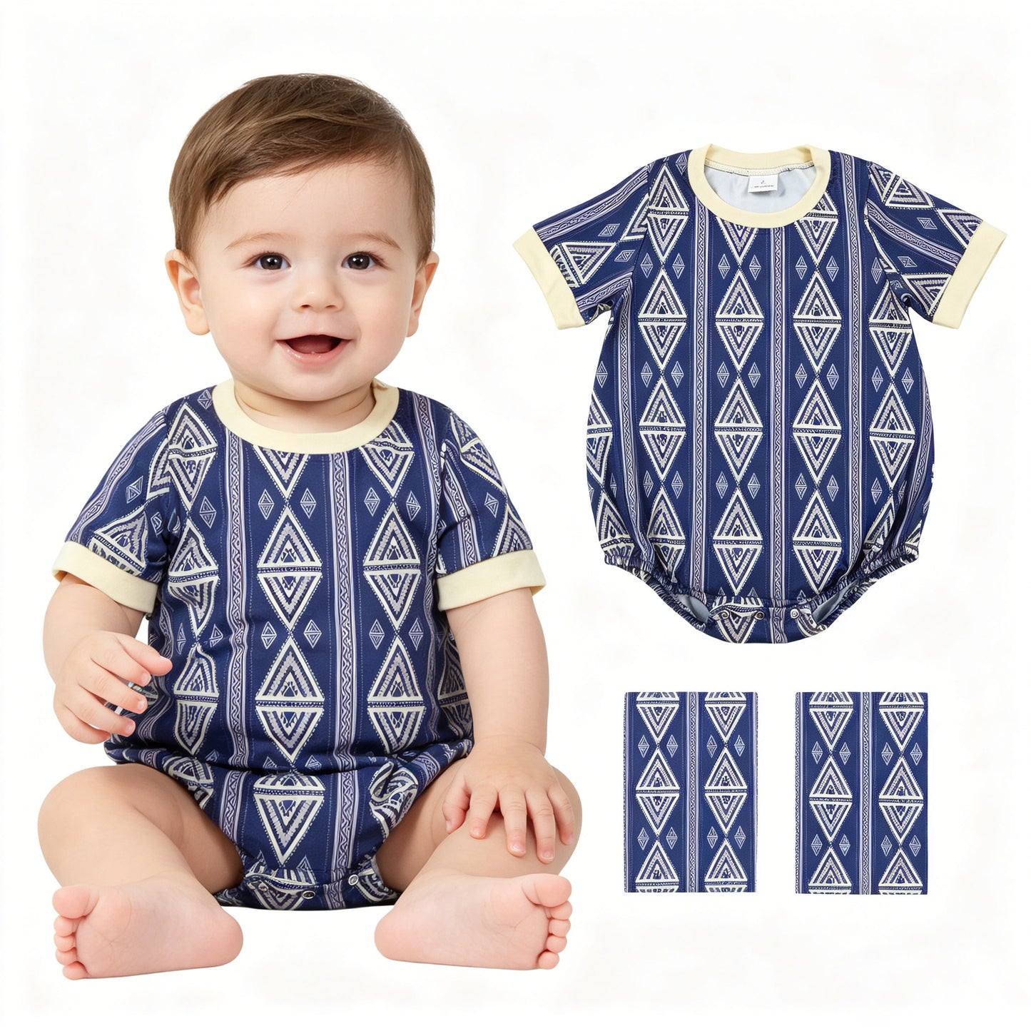 SR3713 Geometric Pattern Navy Short Sleeve Boys Bubble Romper 202605 RTS