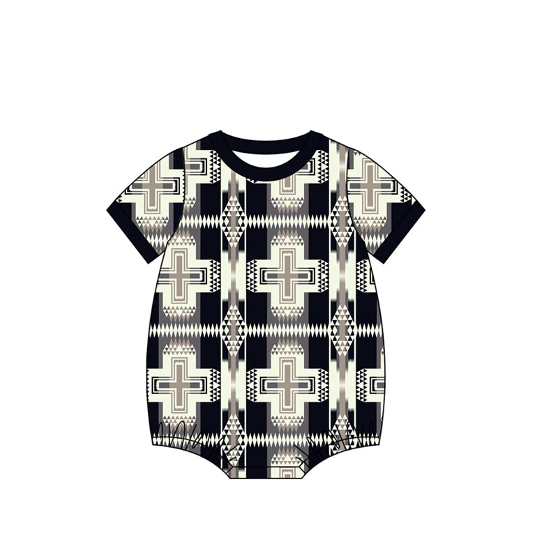 MOQ 5 PCS preorder SR3714 Geometric Pattern Black Short Sleeve Boys Bubble Romper 202511