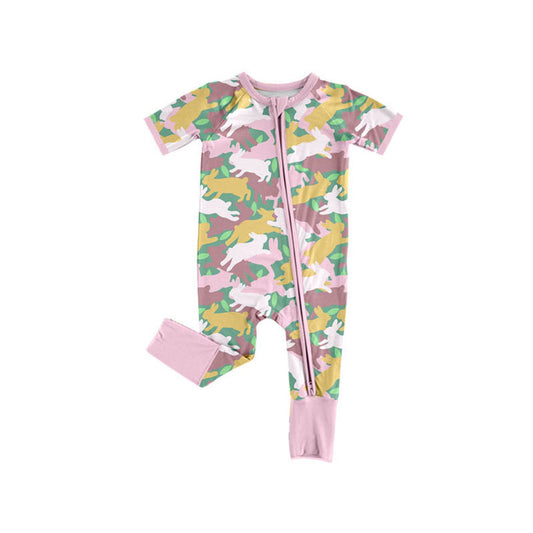 MOQ 5 PCS preorder SR3715 Easter Bunny Camouflage Pink Zip Short Sleeve Girls Romper 202511