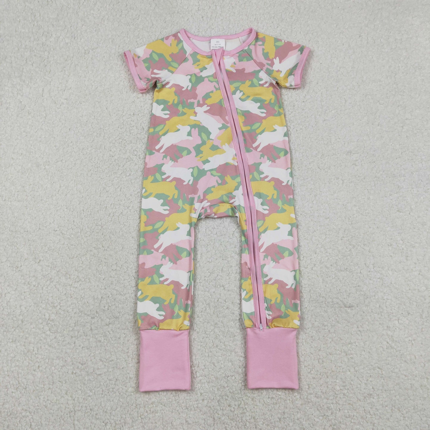SR3715 Easter Bunny Camouflage Pink Zip Short Sleeve Girls Romper 202601 RTS