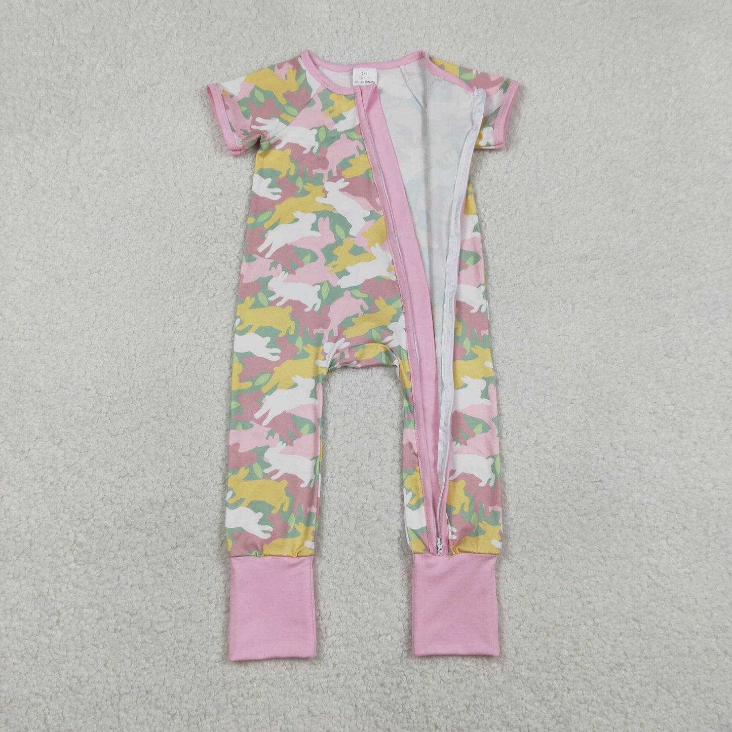 SR3715 Easter Bunny Camouflage Pink Zip Short Sleeve Girls Romper 202601 RTS