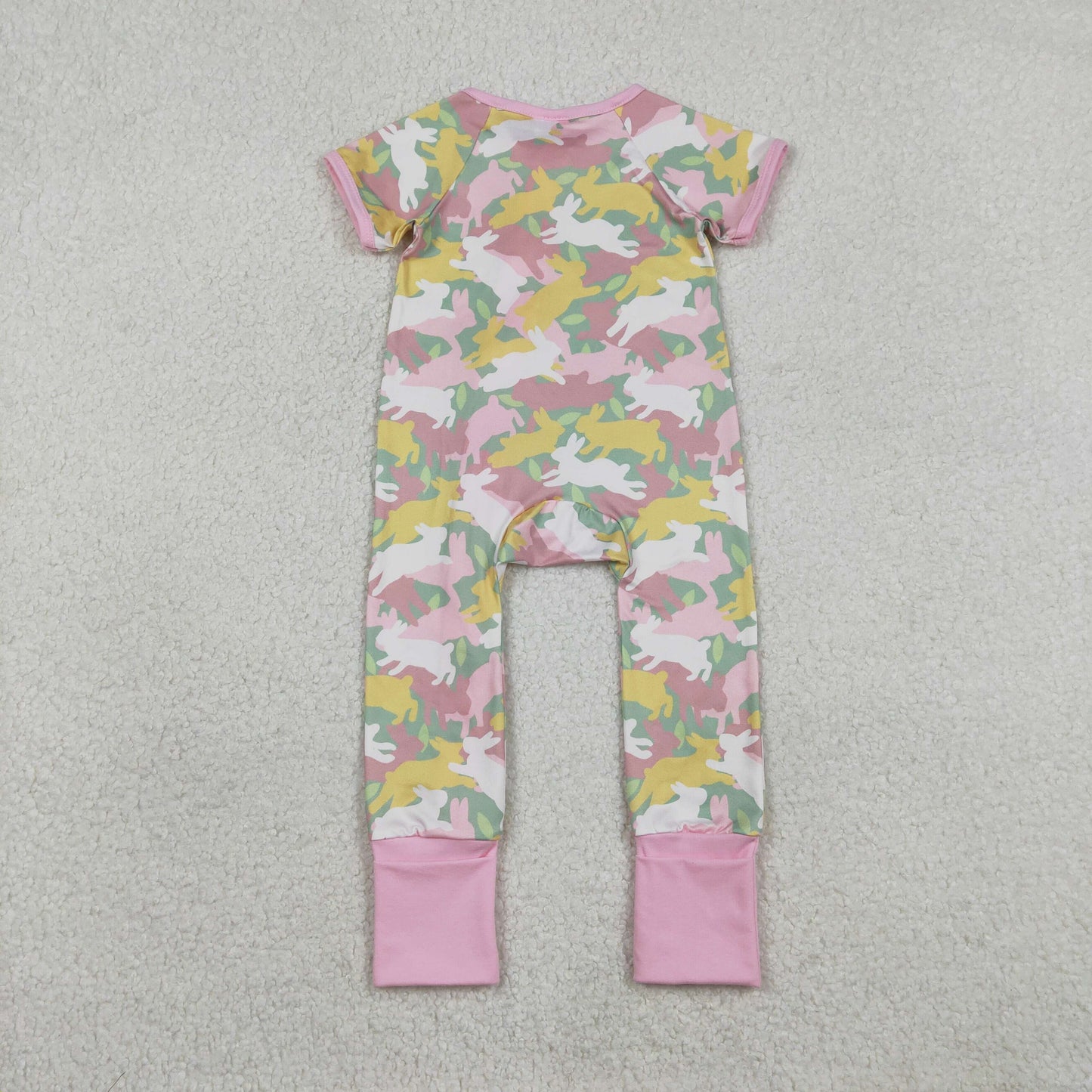 SR3715 Easter Bunny Camouflage Pink Zip Short Sleeve Girls Romper 202601 RTS