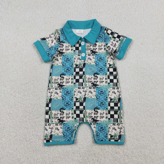 SR3723 Cowboy Cactus Highland Cow Blue Polo Short Sleeve Boys Romper 202601 RTS