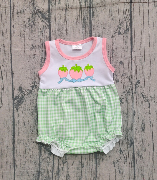 NO MOQ preorder SR3725 Embroidered Strawberry Bows Green Plaid Pink Sleeveless Girls Bubble Romper 202512