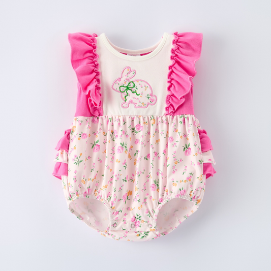 MOQ 5 PCS preorder SR3726 Easter Bunny Flower Rose Red Ruffle Flying Sleeve Girls Bubble Romper 202511