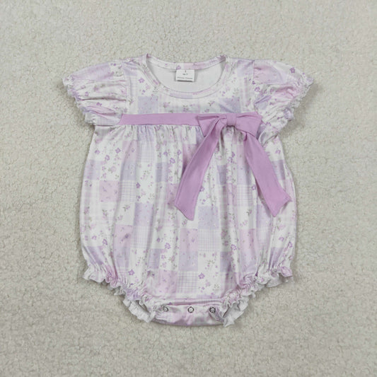 SR3730 Floral Bow Purple Puff Short Sleeve Girls Bubble Romper 202602 RTS