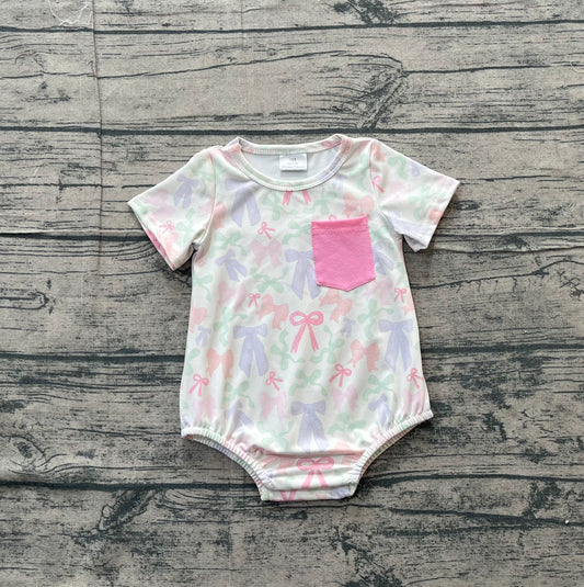 NO MOQ preorder SR3731 Colored Bows Pink Pocket Short Sleeve Girls Bubble Romper 202512