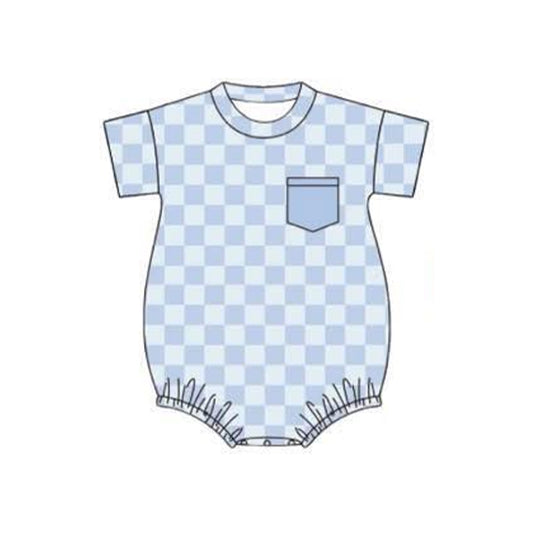MOQ 5 PCS preorder SR3732 Blue Pocket Plaid Short Sleeve Boys Bubble Romper 202512