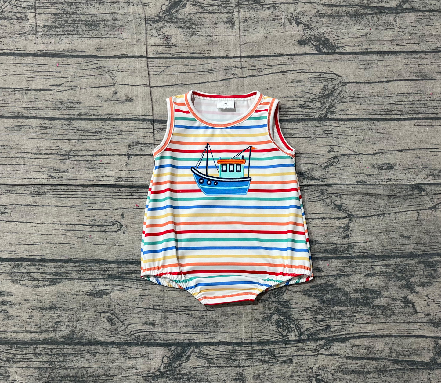 NO MOQ preorder SR3733 Embroidered Sailboat Pattern Colored Stripe Sleeveless Boys Bubble Romper 202512 Sibling