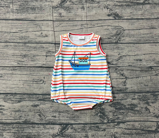 NO MOQ preorder SR3733 Embroidered Sailboat Pattern Colored Stripe Sleeveless Boys Bubble Romper 202512 Sibling