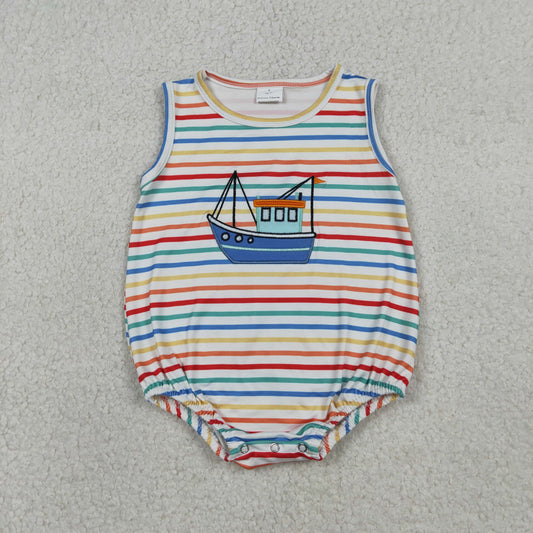 SR3733 Embroidered Sailboat Pattern Colored Stripe Sleeveless Boys Bubble Romper 202601 RTS Sibling