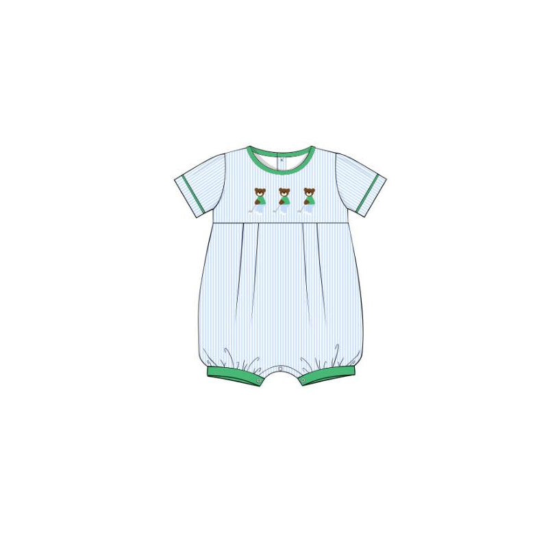 MOQ 5 PCS preorder SR3739 Golf Bear Blue Green Stripe Short Sleeve Boys Bubble Romper 202512
