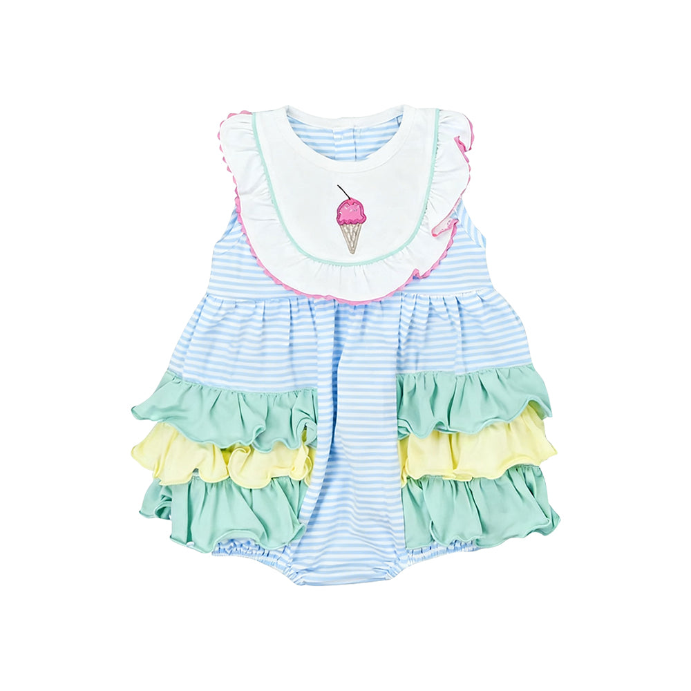 MOQ 5 PCS preorder SR3741 Ice Cream Yellow Green Ruffle Stripe Sleeveless Girls Bubble Romper 202512