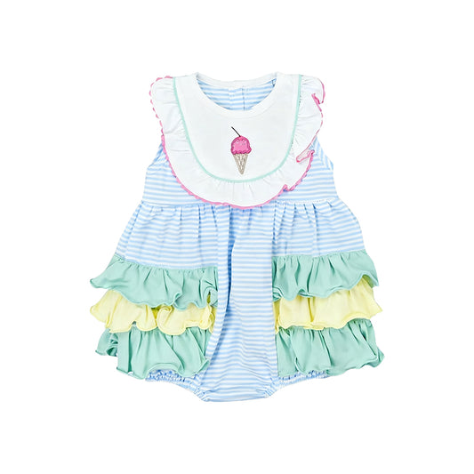 MOQ 5 PCS preorder SR3741 Ice Cream Yellow Green Ruffle Stripe Sleeveless Girls Bubble Romper 202512