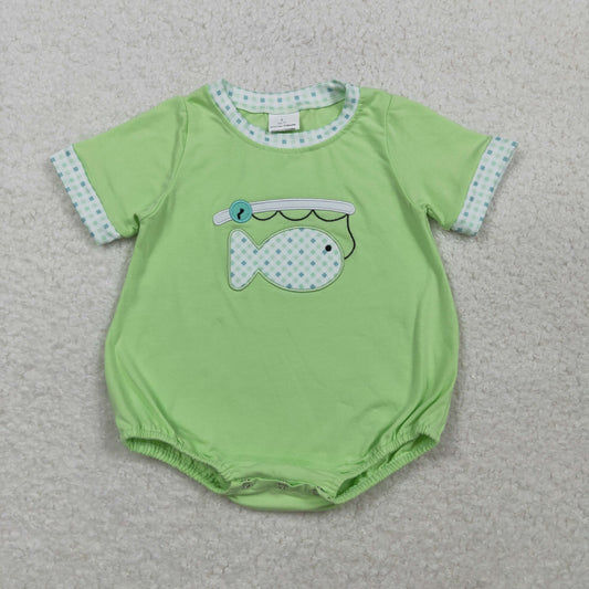SR3750 Embroidered Fishing Blue Green Plaid O-Neck Short Sleeve Boys Bubble Romper 202603 RTS