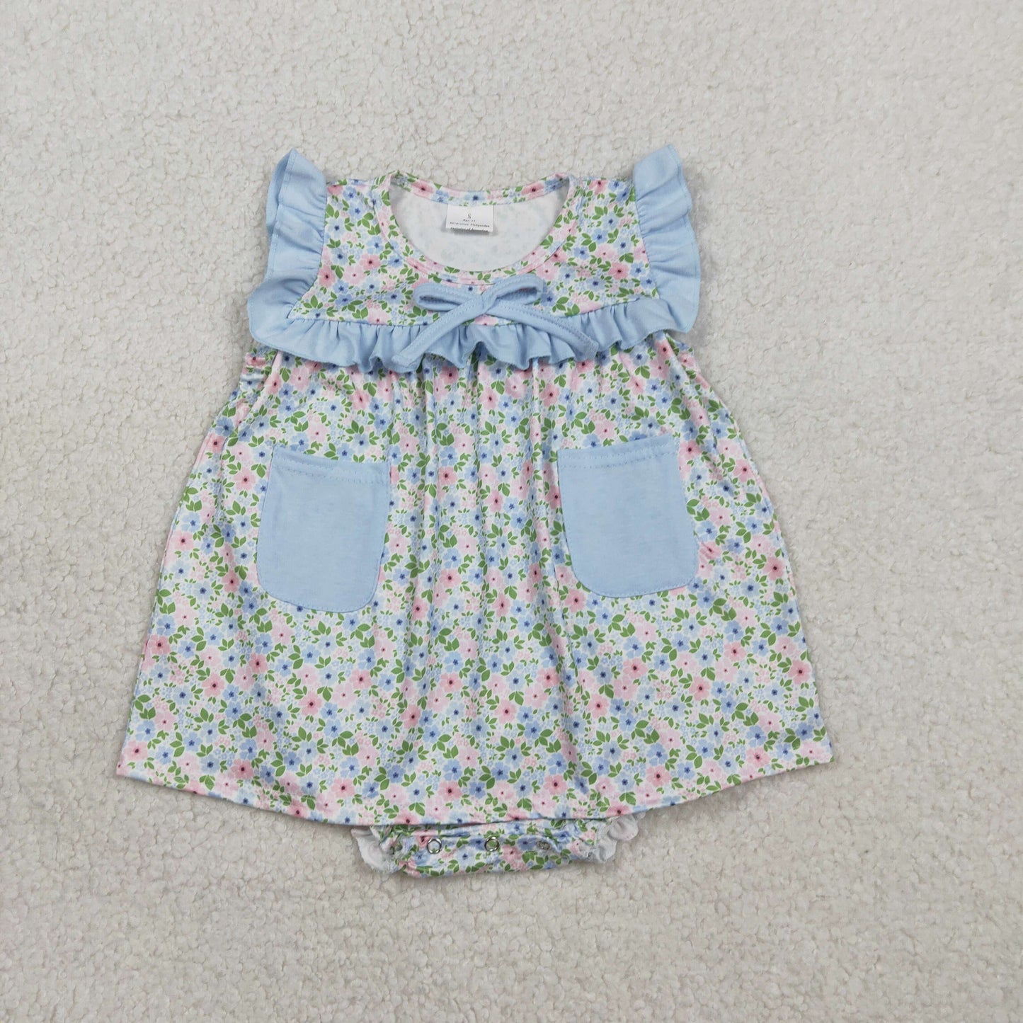 SR3752 Flower Pocket Blue Ruffle Sleeveless Girls Bubble Romper 202602 RTS